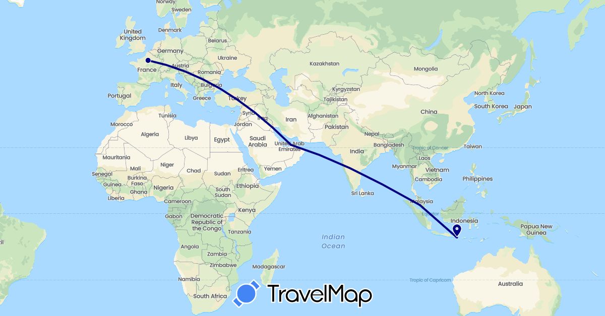 TravelMap itinerary: driving in United Arab Emirates, France, Indonesia, Malaysia (Asia, Europe)